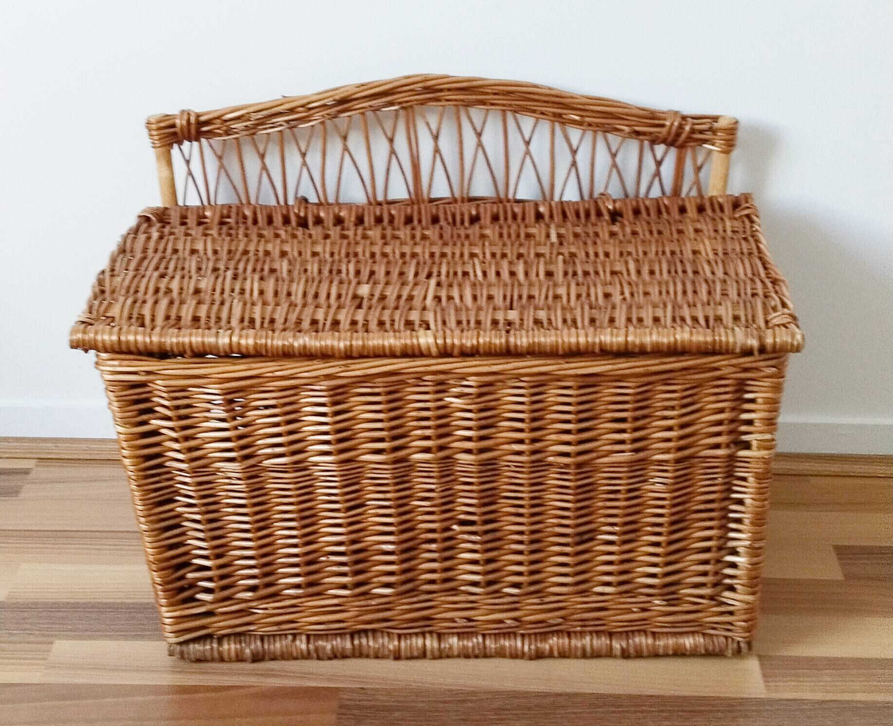 Antique rattan and wicker toy chest, bench, bed end