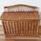 Antique rattan and wicker toy chest, bench, bed end