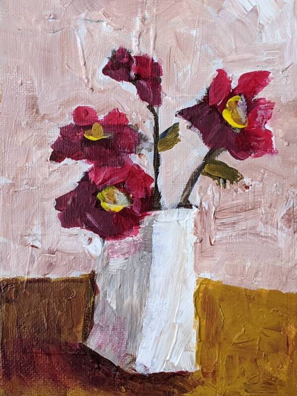 Acrylique sur toile, peinture contemporaine, nature morte au bouquet