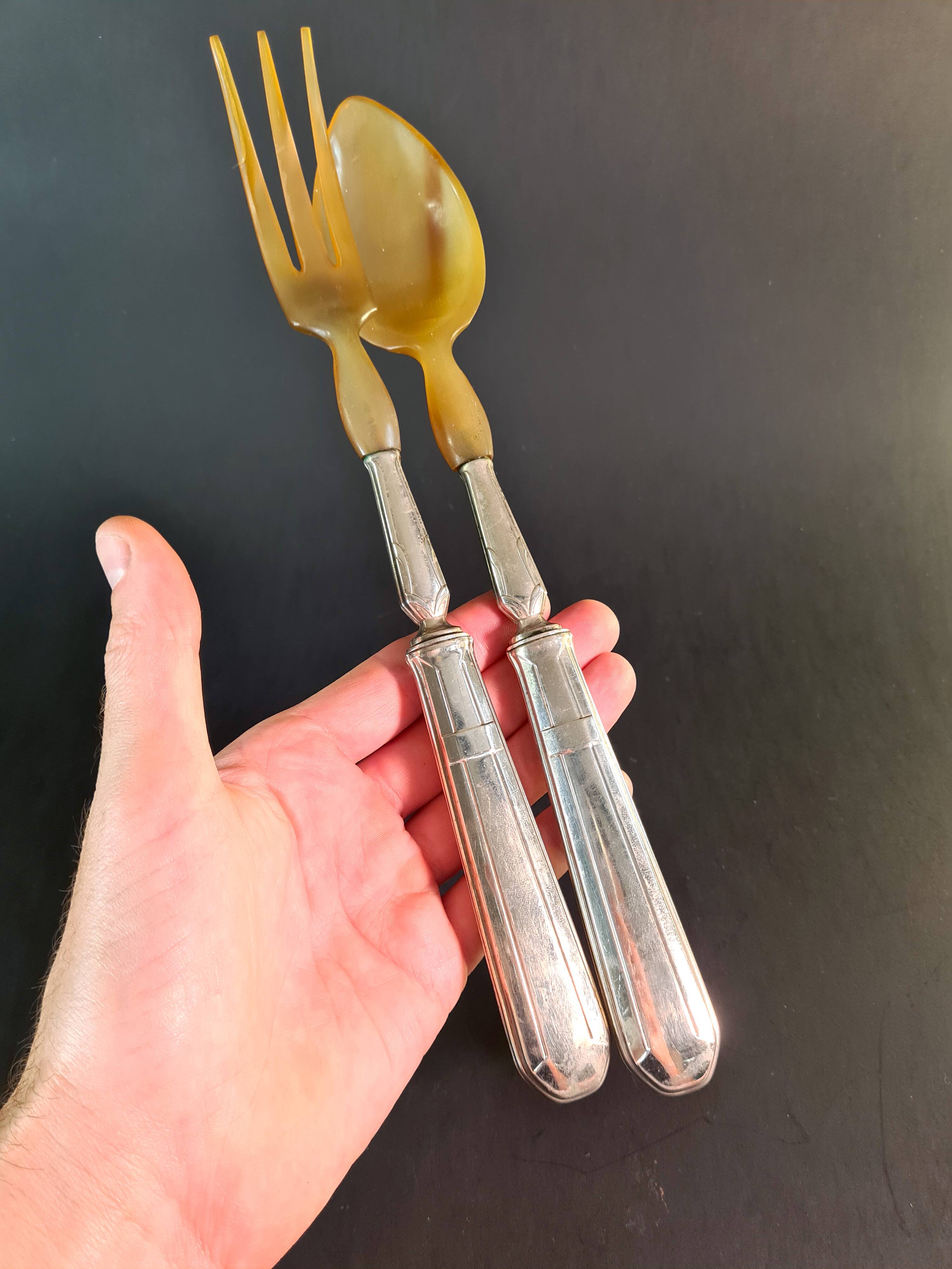 Art Deco Horn & Silver Plated Salad Set – Retro Elegance on the Menu