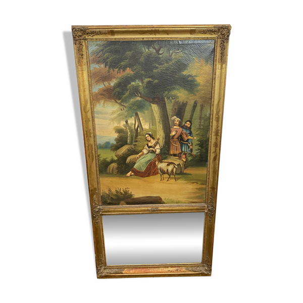 Trumeau en bois doré d'époque XIXe siècle scène romantique - 69cm x 140cm