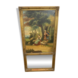19th century gilded wooden trumeau with romantic scene - 69cm x 140cm