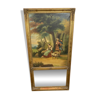 Trumeau en bois doré d'époque XIXe siècle scène romantique - 69cm x 140cm