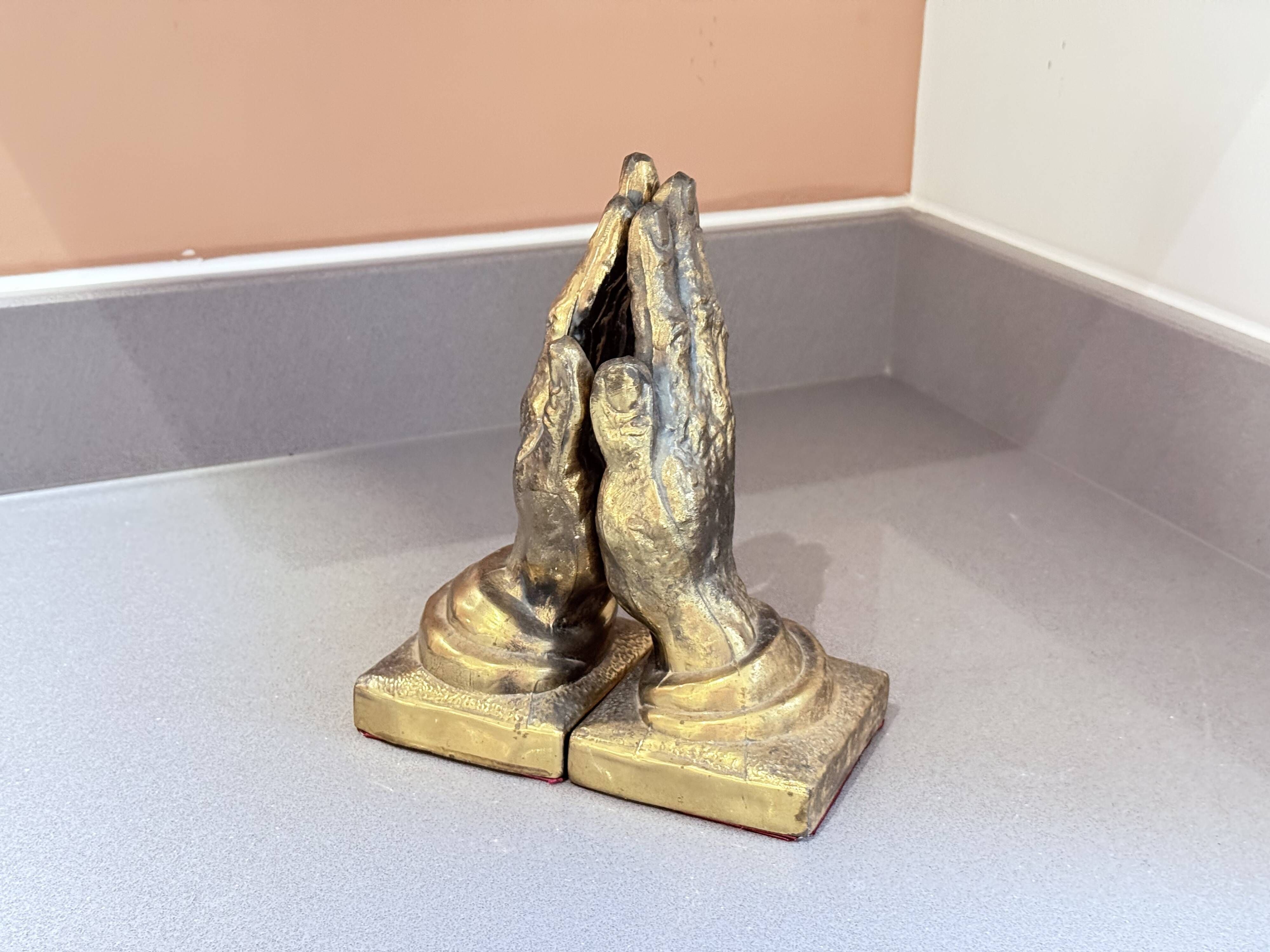 Vintage Gold-Tone Bookend Praying Hands Decorative Bronze Sculptural Book Holder