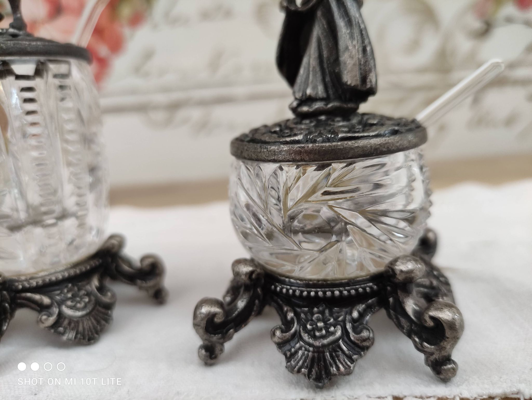 Trio of salters and mustard makers made of Bavarian crystal and bronze