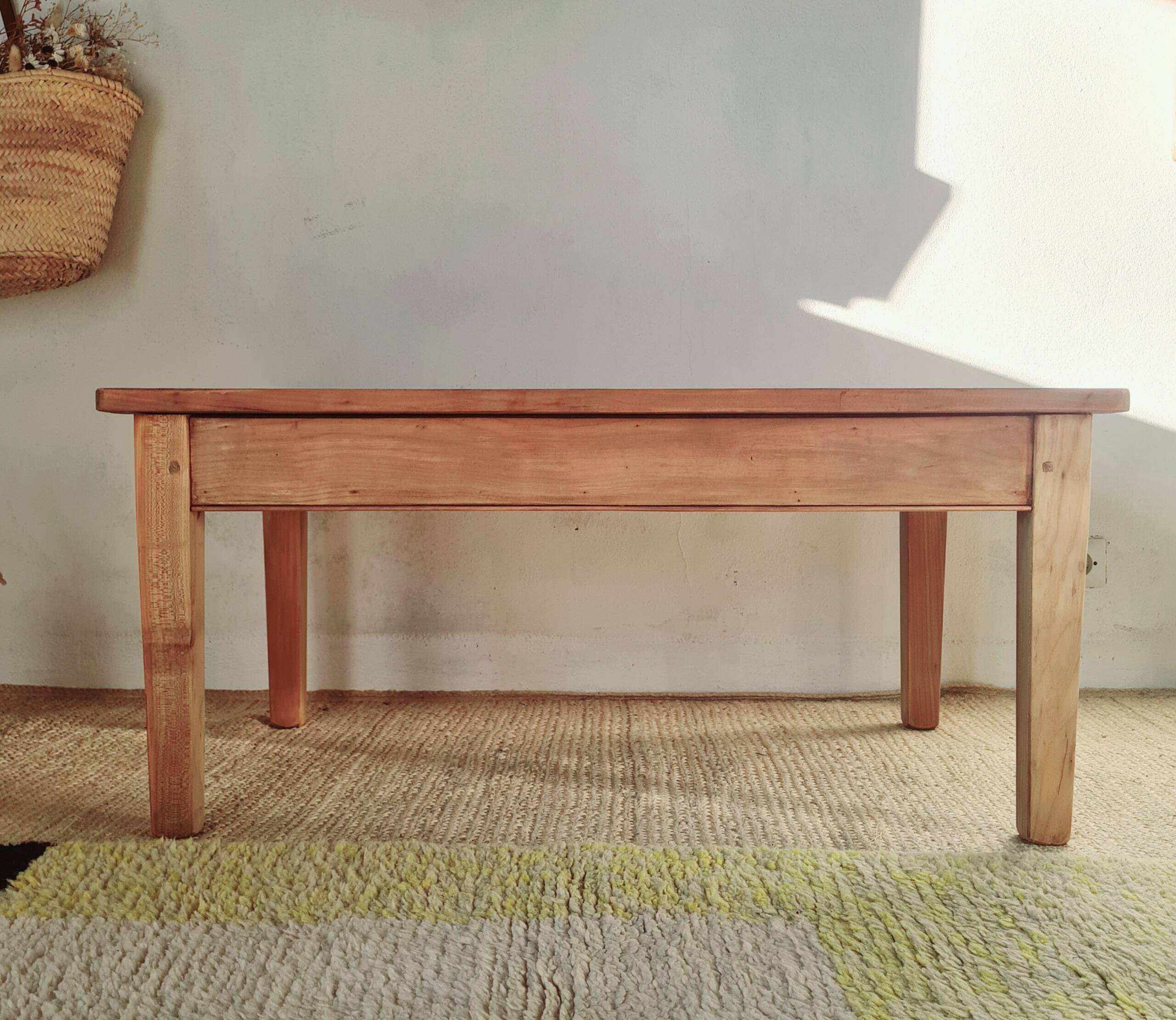 Antique wooden low farmhouse table and drawer