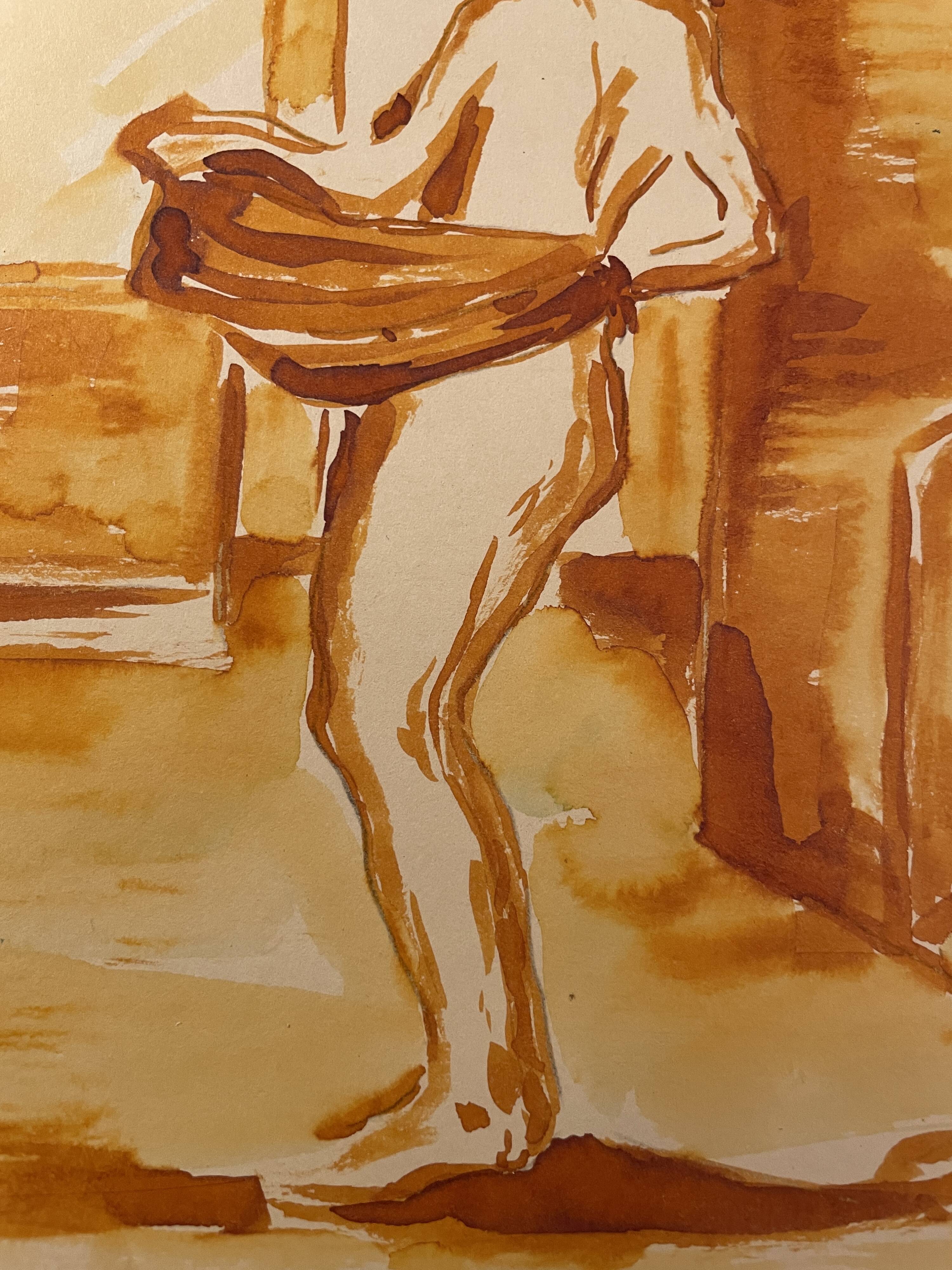 Red chalk watercolor portrait of a woman "study of coming out of the bath"