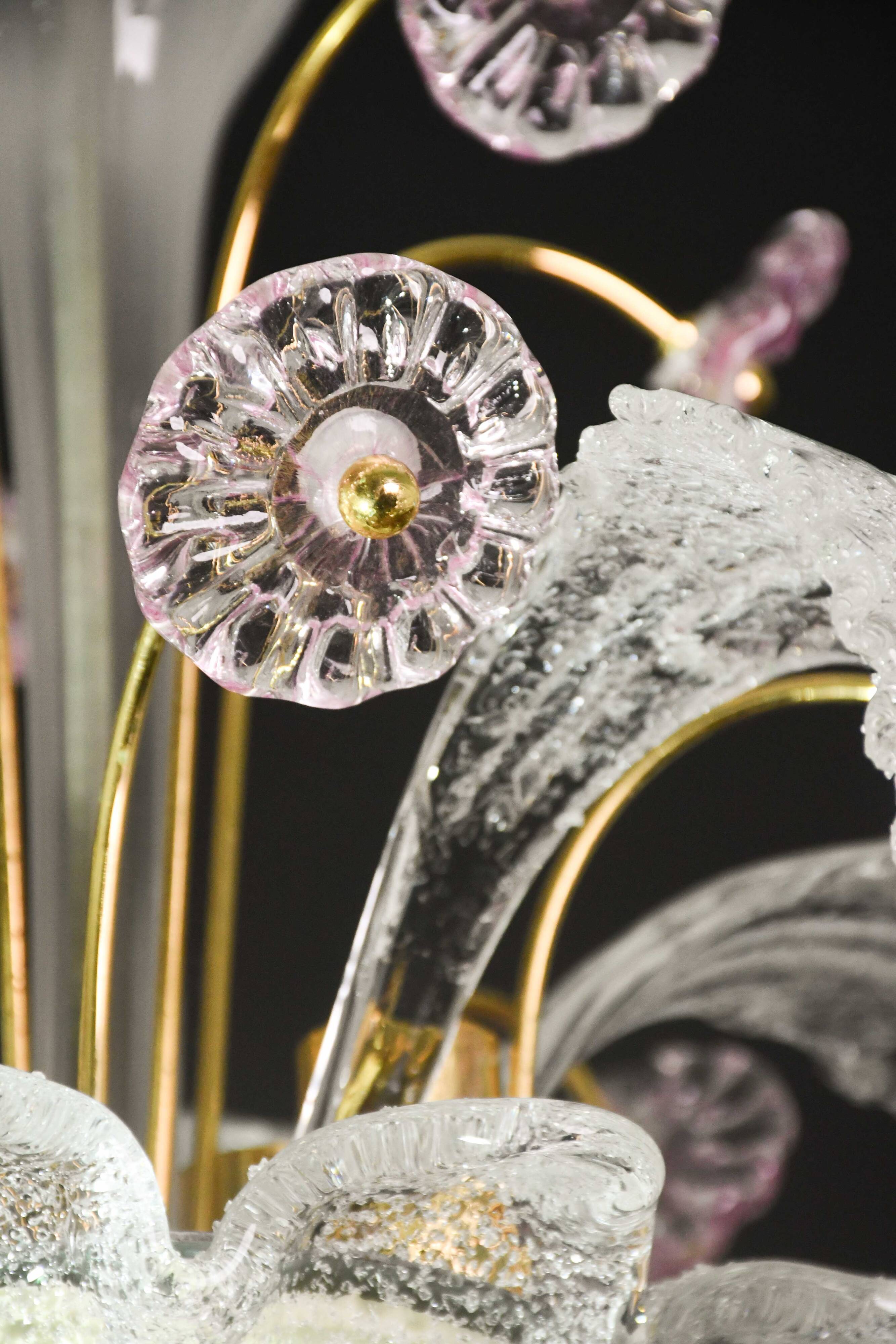 vintage Venetian chandelier, pink flower Murano glass, 1970s