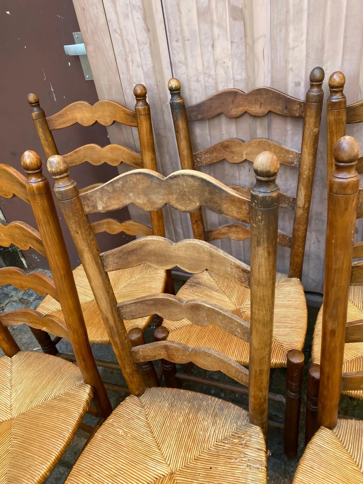6 Rustic Solid Wood and Straw Chairs in 1960s Country Style