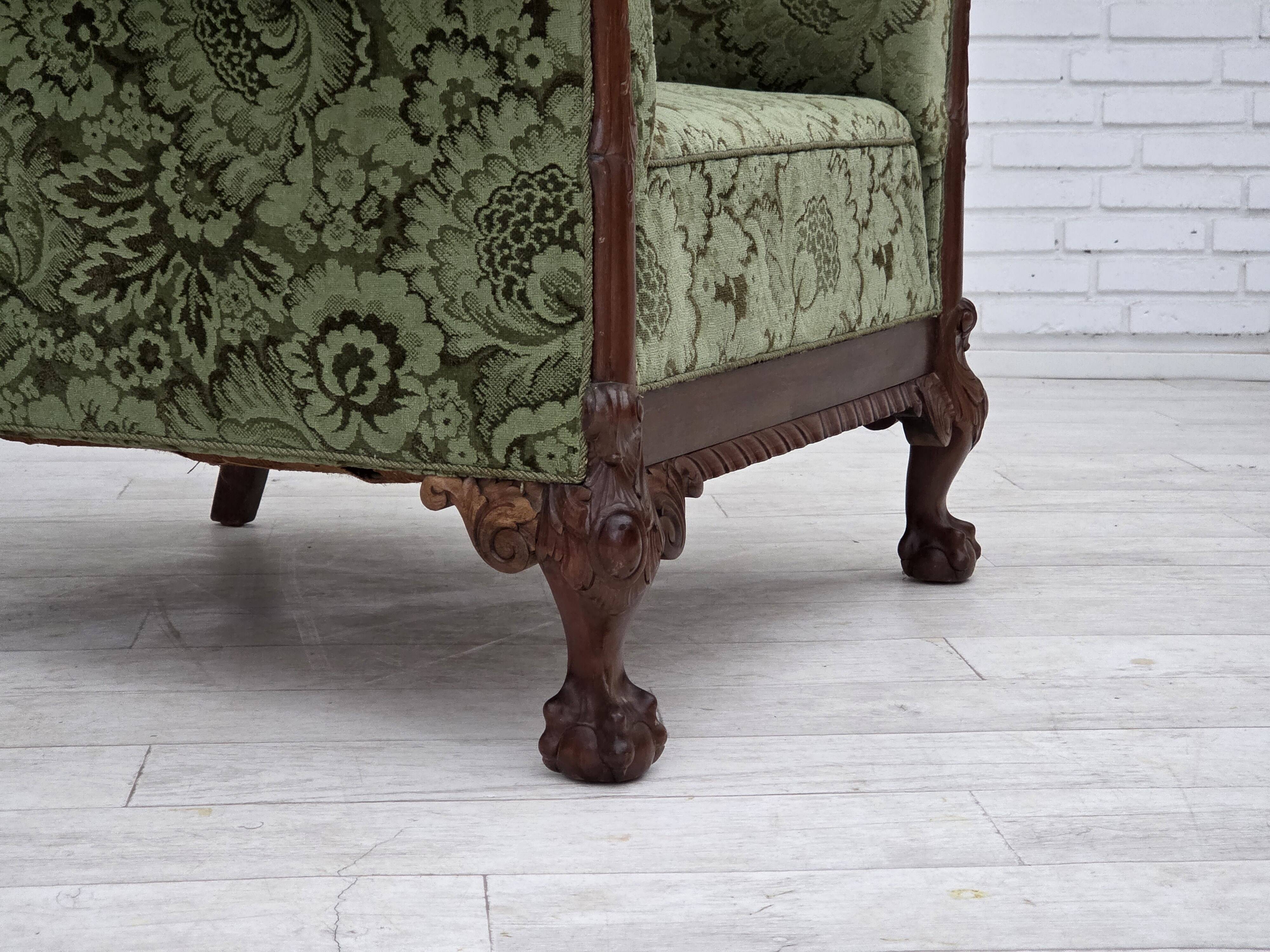 1950s, Danish relax armchair, green furniture velour, carved oak wood.