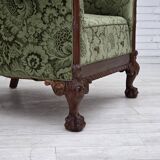 1950s, Danish relax armchair, green furniture velour, carved oak wood.