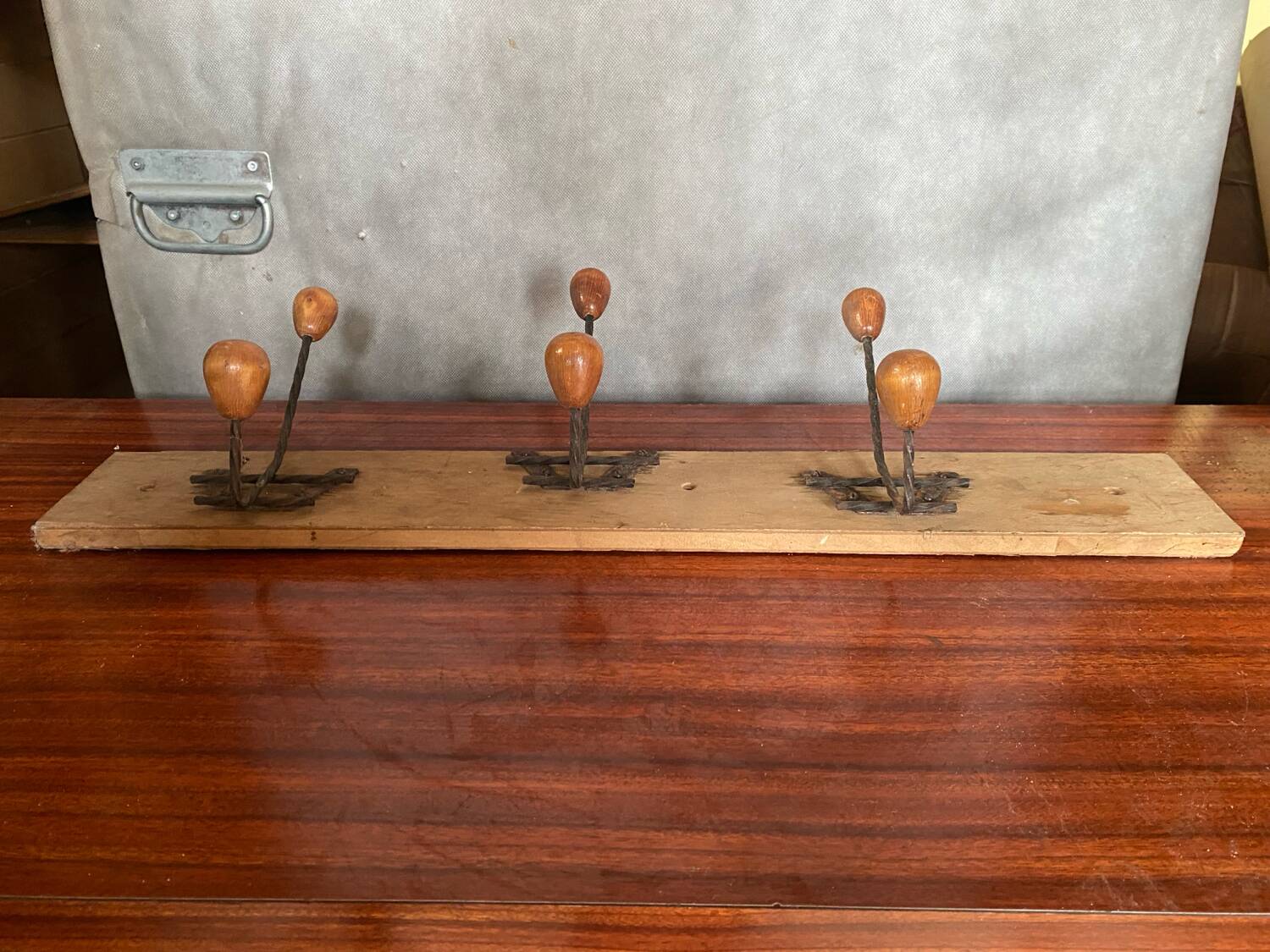 Old wooden wall coat rack + 3 wrought iron hooks & vintage wooden ball