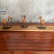Old wooden wall coat rack + 3 wrought iron hooks & vintage wooden ball