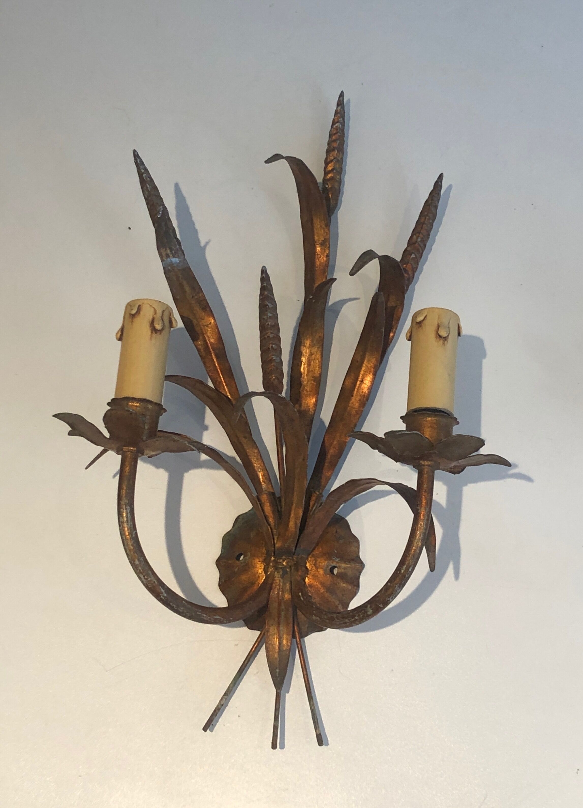 Pair of Coco Channel Style Wall Lamps in Golden Metal with Wheat Epis. French work. Around 1970