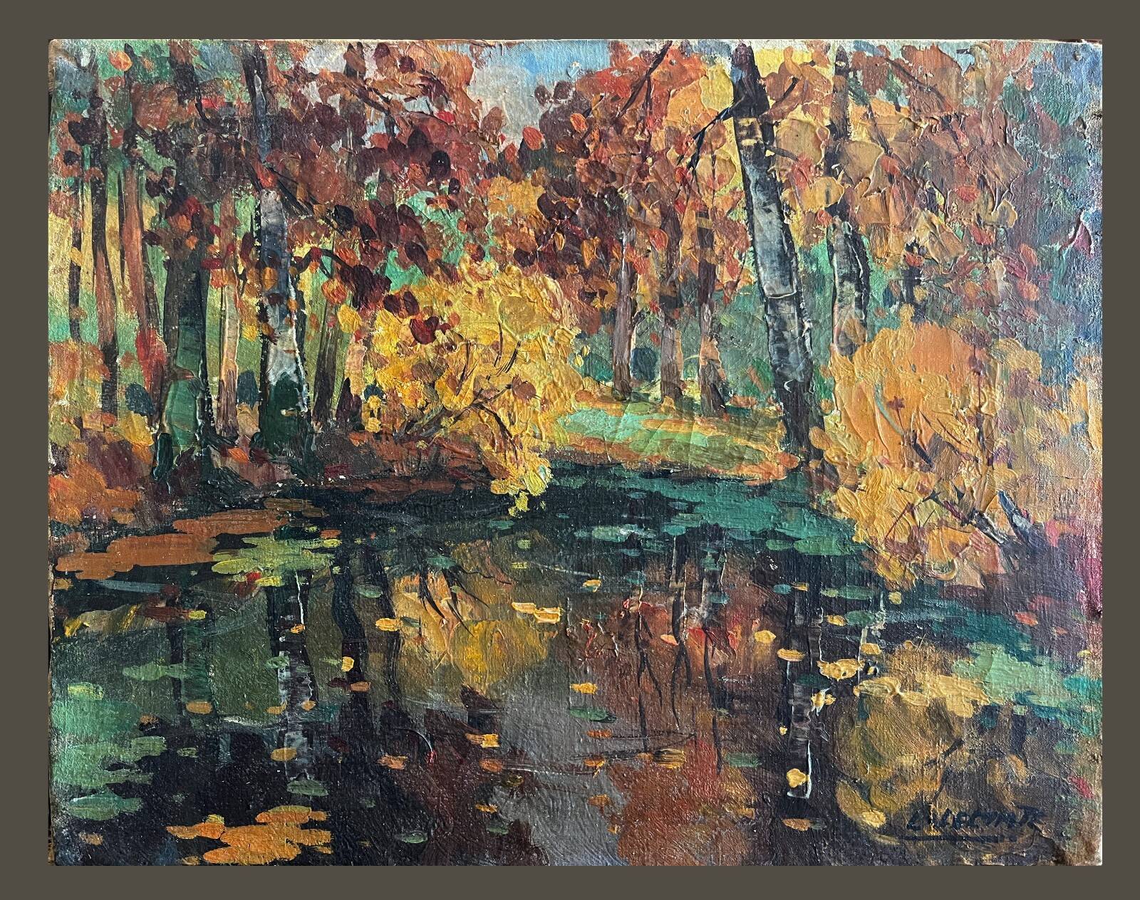 Tableau HST "Autumn Reflection" Post-Impressionist landscape signed