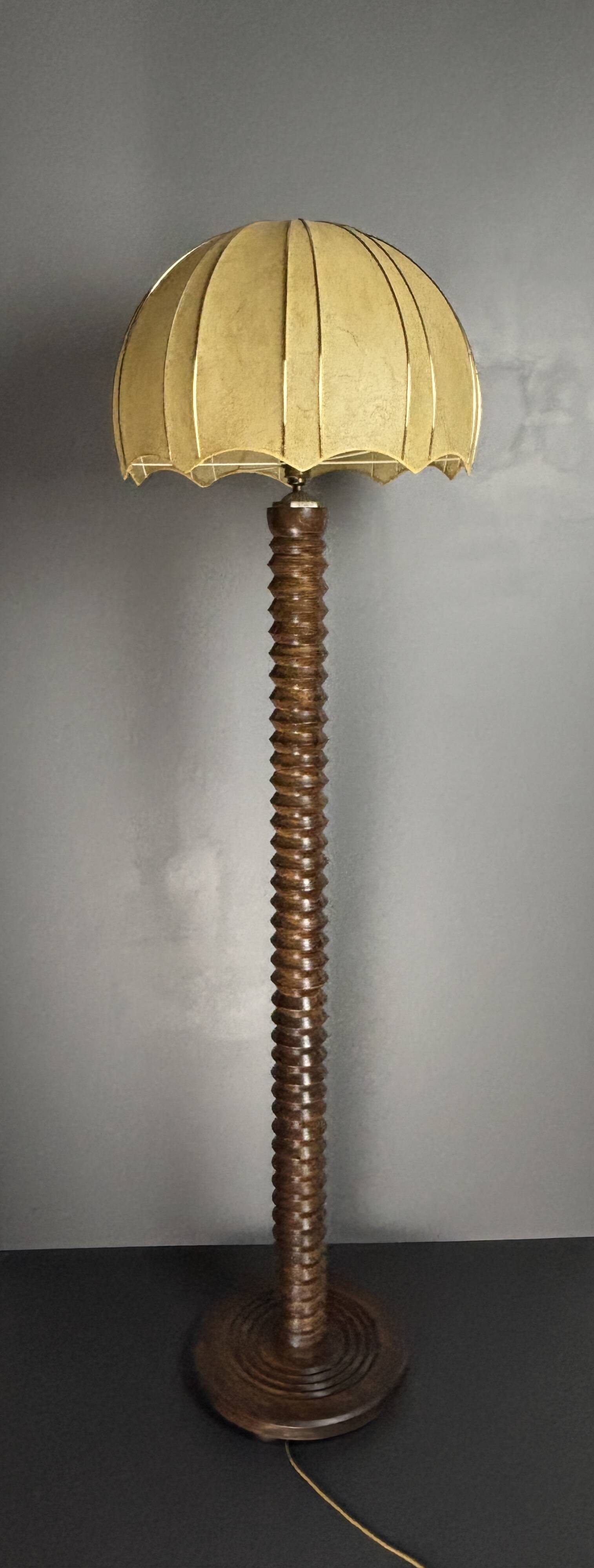 Brutalist midcentury wood turned cocoon floor lamp