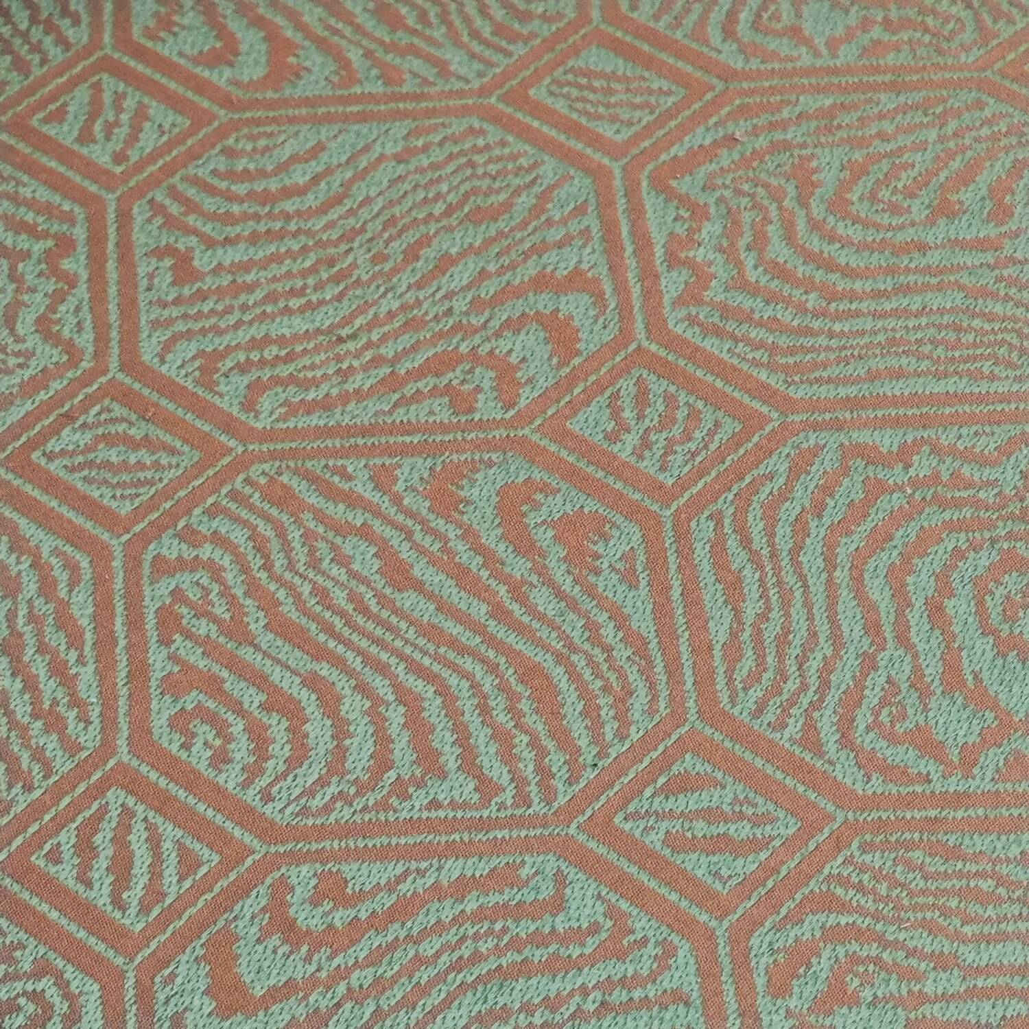 Pierre Frey modernist bench in green and gold patterned fabric