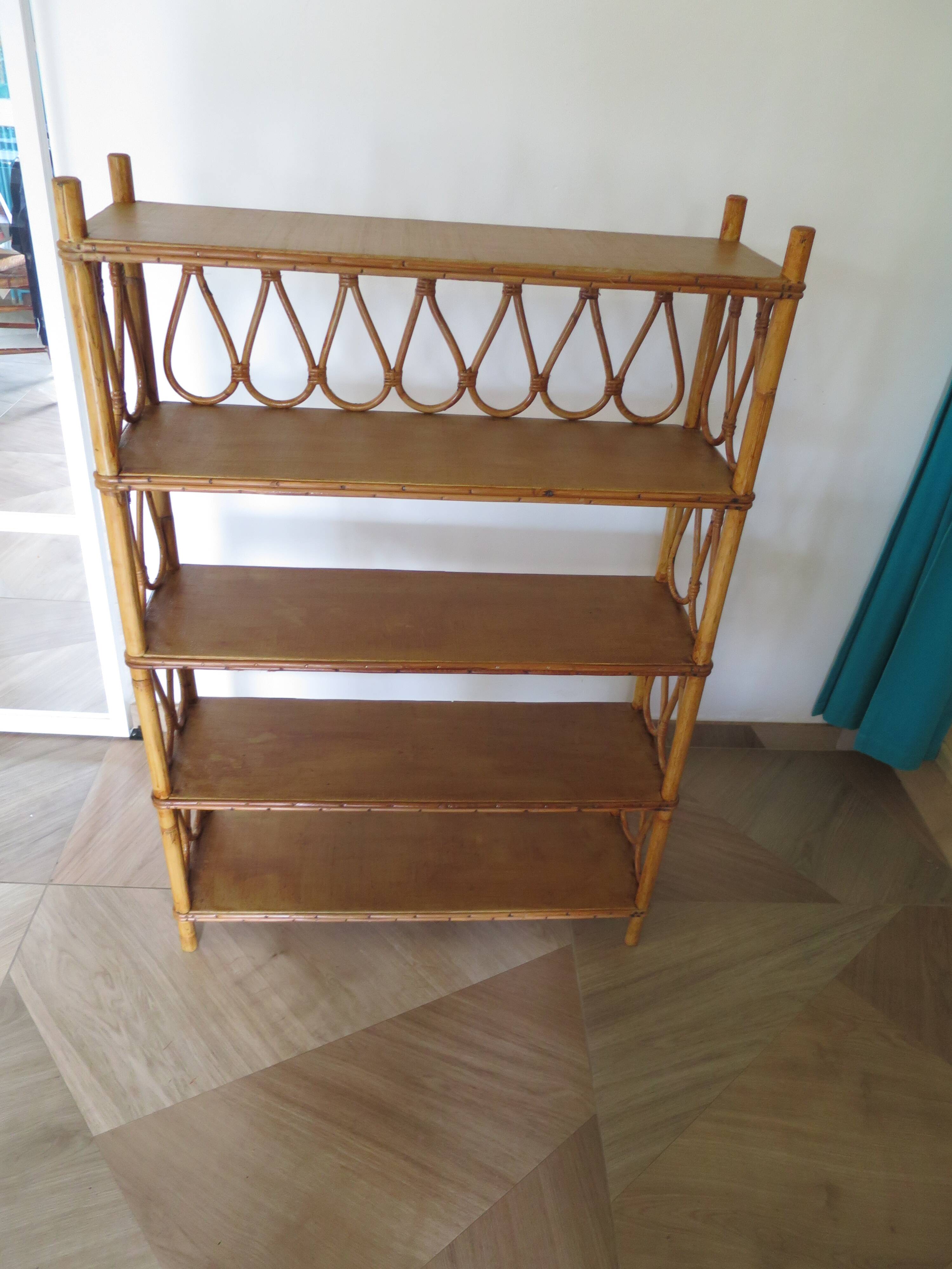 Wooden and rattan bookcase, 1970s-1980s