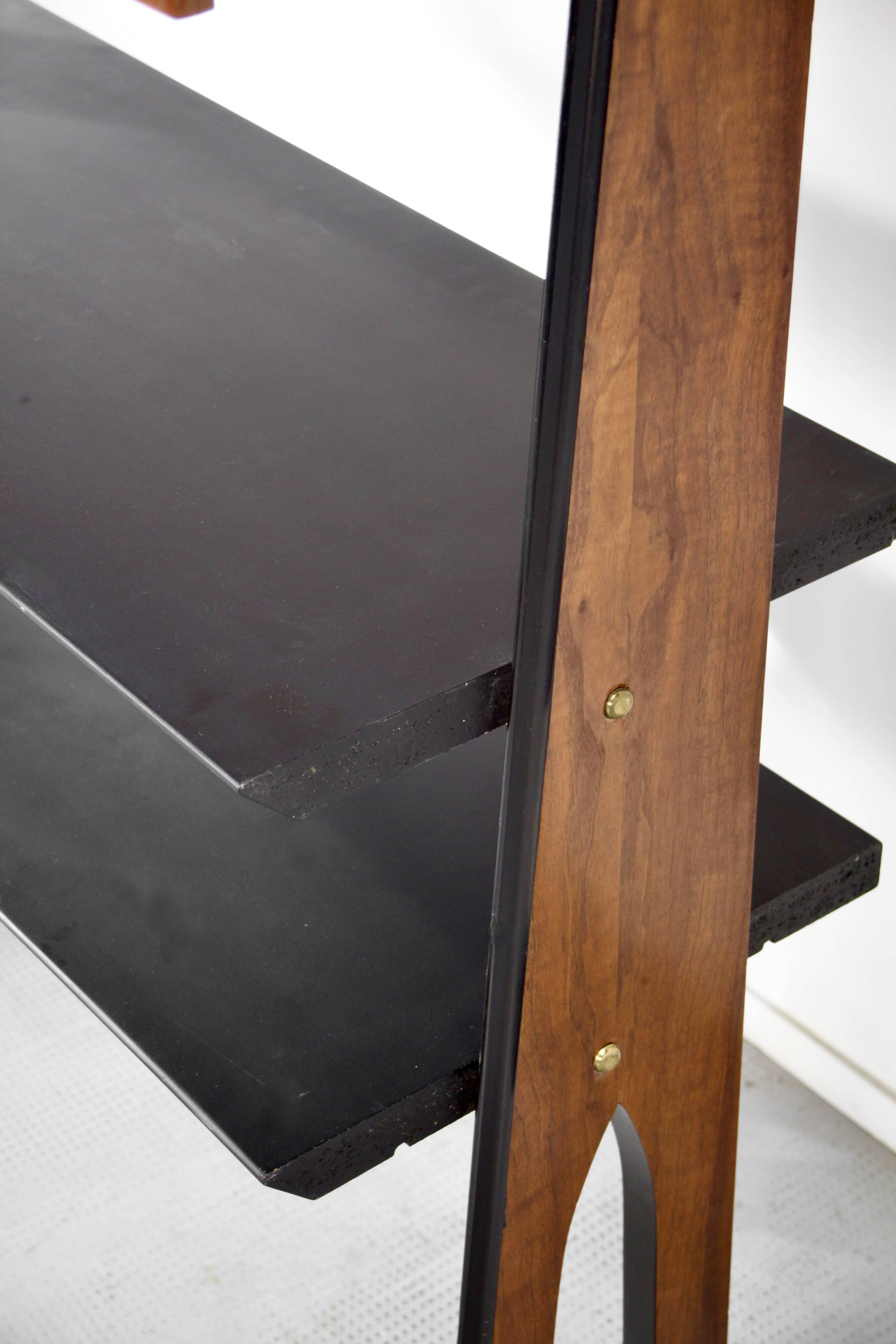 Midcentury Italian Freestanding Modular Bookshelf In Teak And Brass