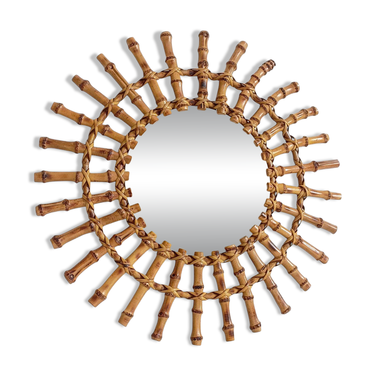 Midcentury Sunburst Mirror, Bamboo & Rattan, Handmade in France, 1950s