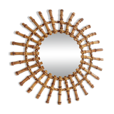 Midcentury Sunburst Mirror, Bamboo & Rattan, Handmade in France, 1950s