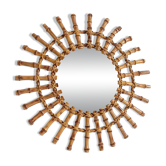 Midcentury Sunburst Mirror, Bamboo & Rattan, Handmade in France, 1950s
