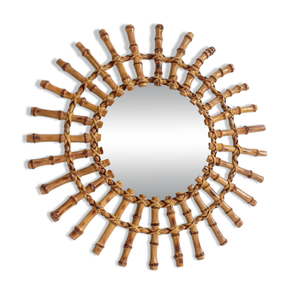 Midcentury Sunburst Mirror, Bamboo & Rattan, Handmade in France, 1950s