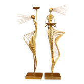 Pair of Elegant Golden Metal Candle Holder Statues – Ethnic Style