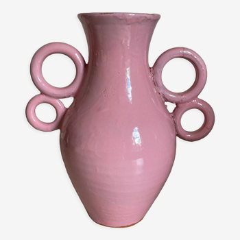 Vase abstrait rose en céramique anses circulaires XL fait-main