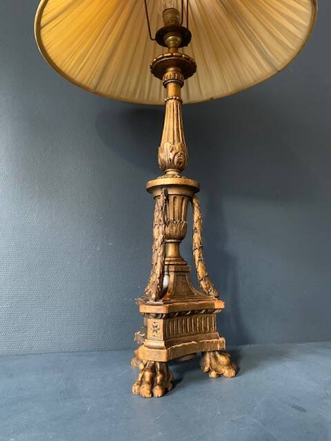 Antique lamp in gilded carved wood, tripod, Napoleon III, 19th century