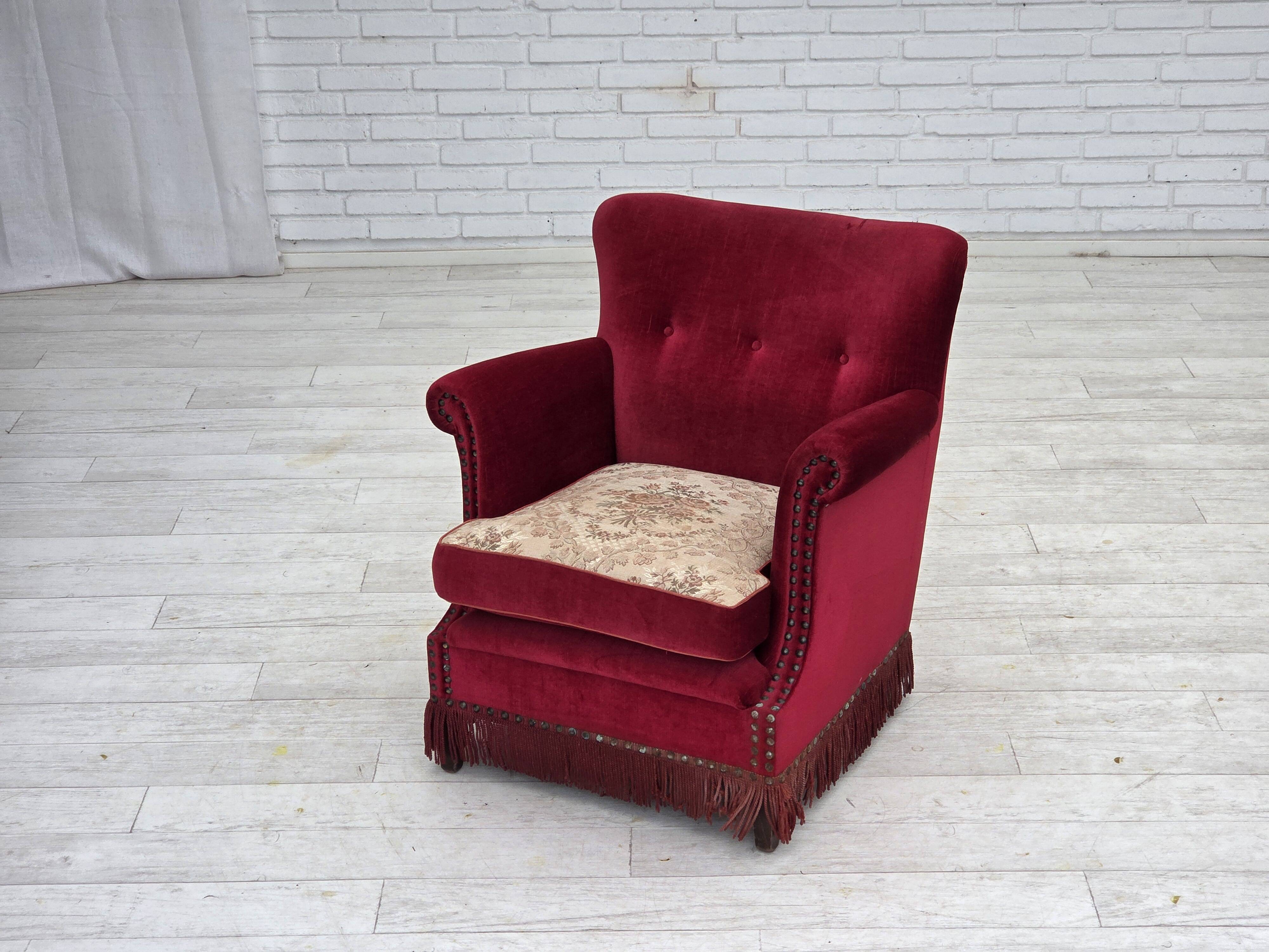 1970s, Danish armchair, red furniture velour, ash wood.