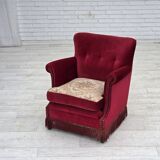 1970s, Danish armchair, red furniture velour, ash wood.
