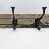 Solid teak coat hook with 2 double cast iron hooks