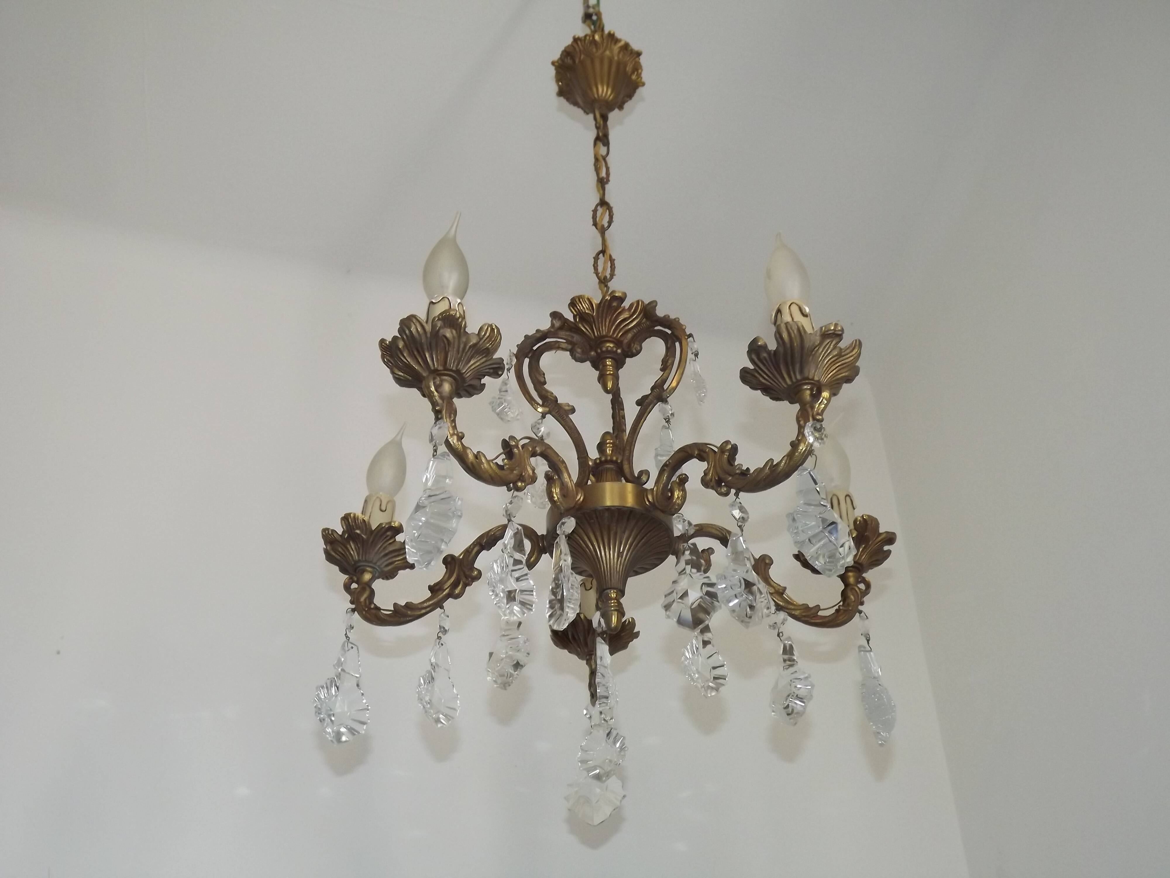 French Art Nouveau 5-Light Bronze 3 sided Crystal Cage Chandelier