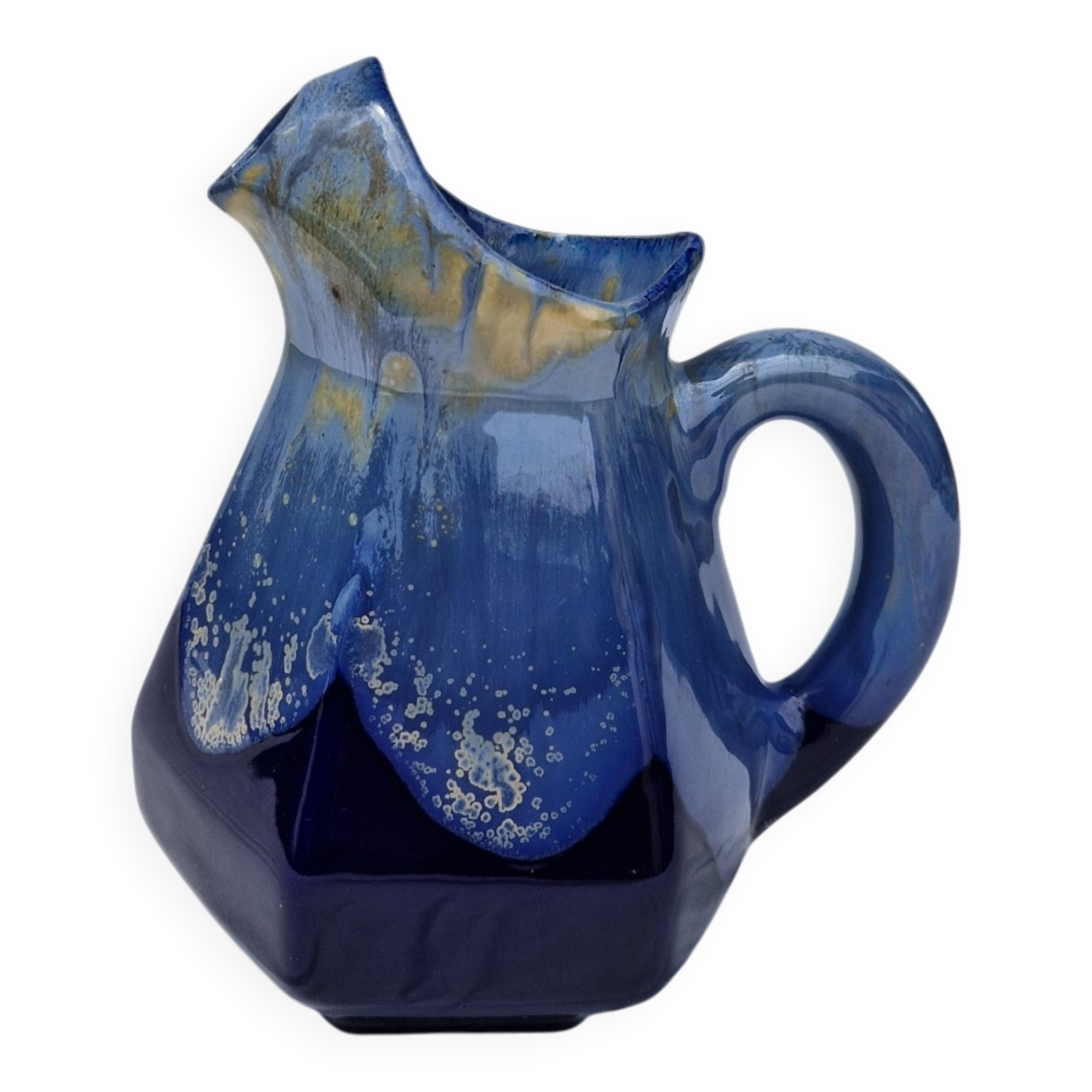 Old flamed ceramic jug. Very beautiful shades of blue, 6 sides.
