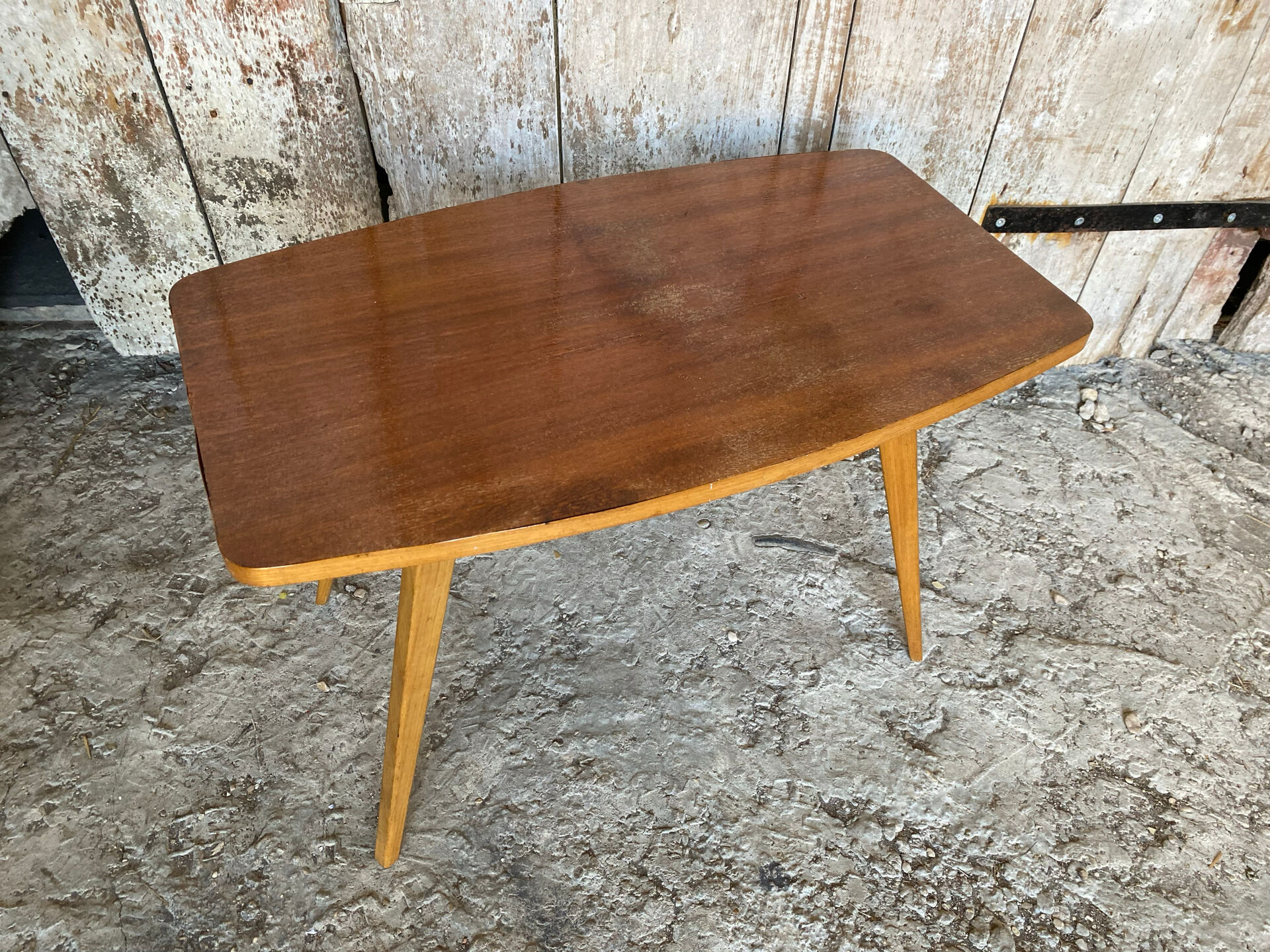 Table Basse Ancienne Scandinave Bois Pieds Compas Années 60 Vintage #E