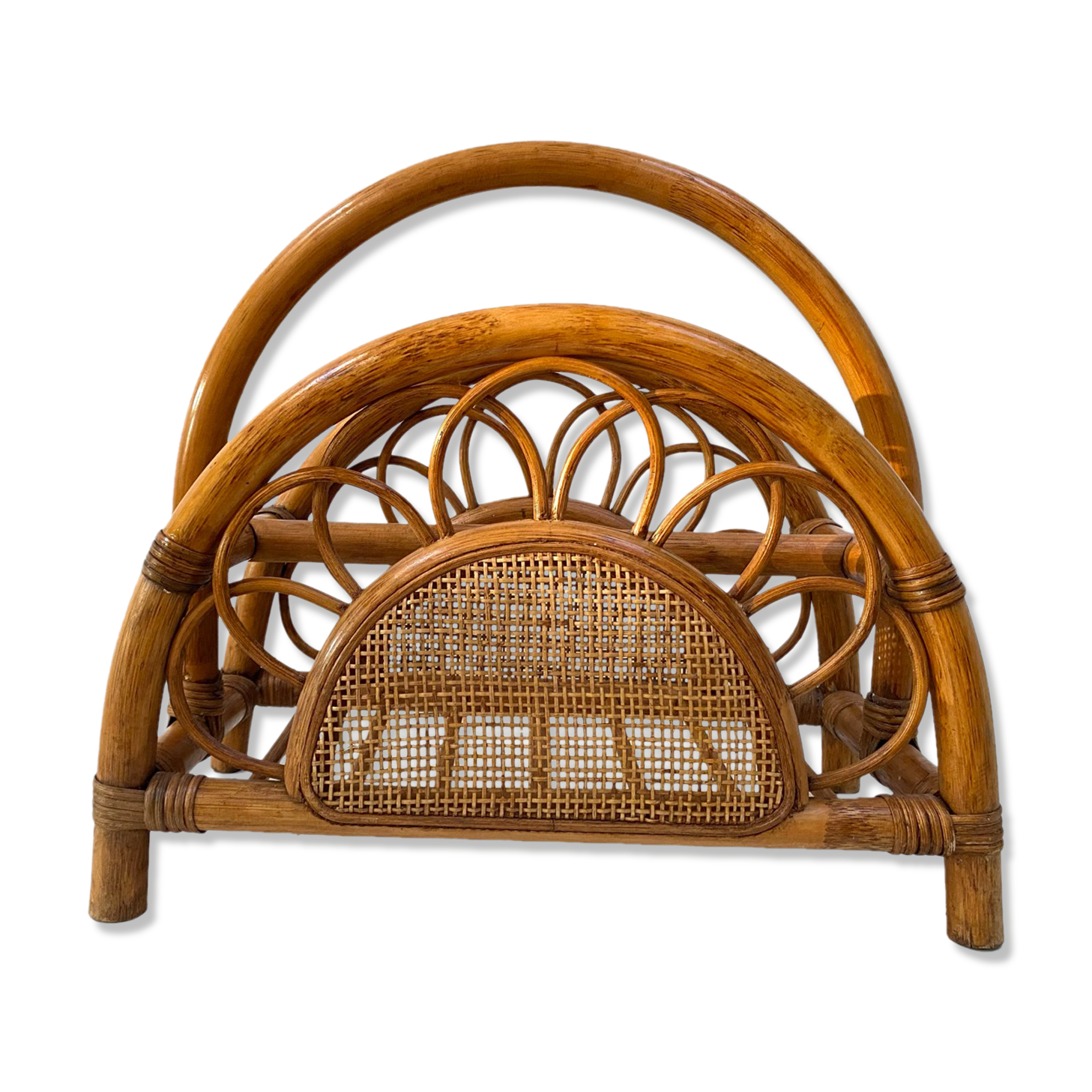 Rattan and bamboo magazine holder from the 70s