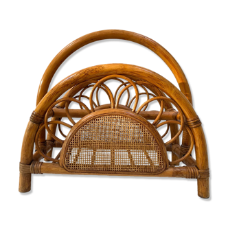 Rattan and bamboo magazine holder from the 70s