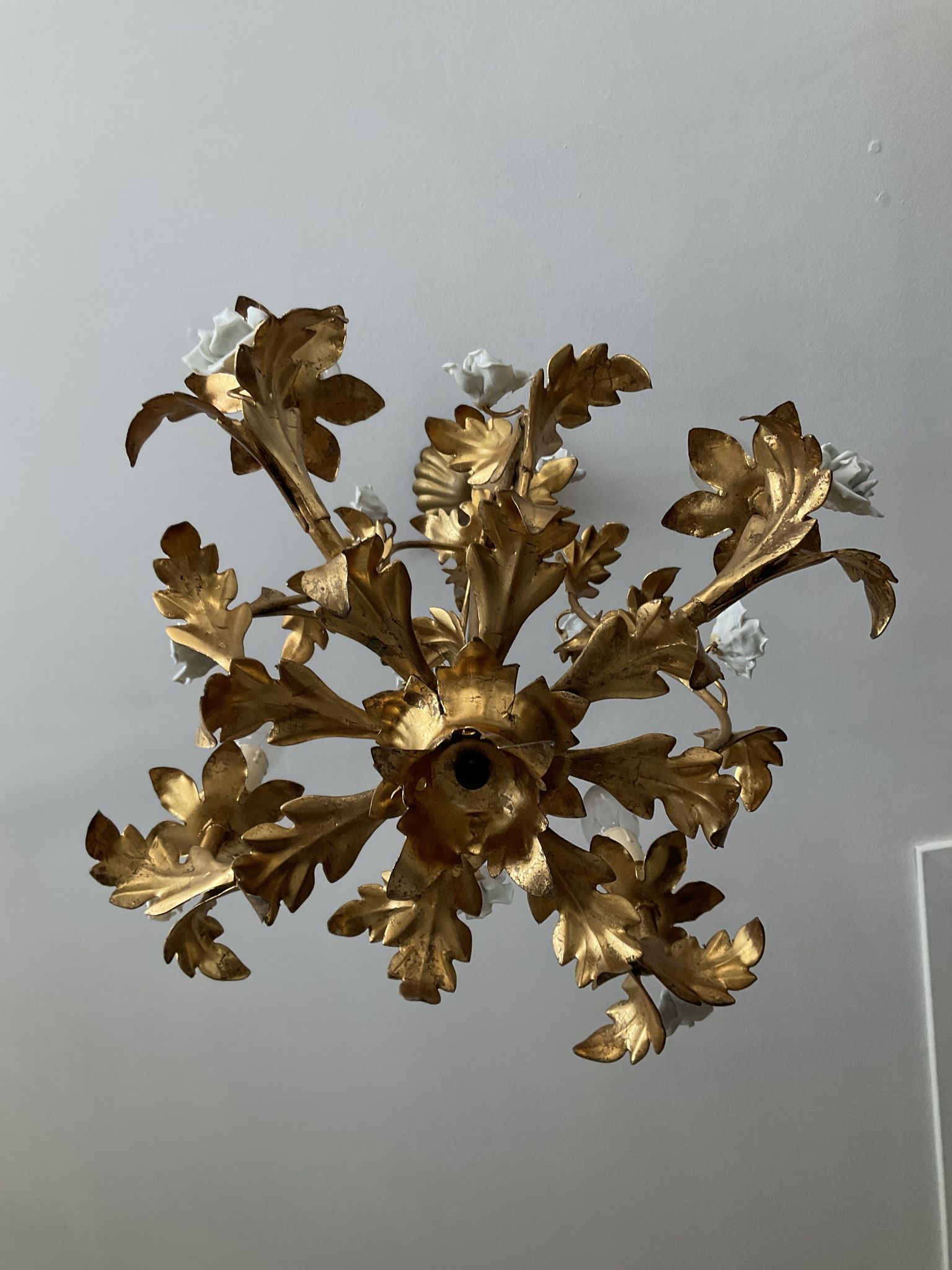 Italian cage chandelier golden leaves and porcelain flowers