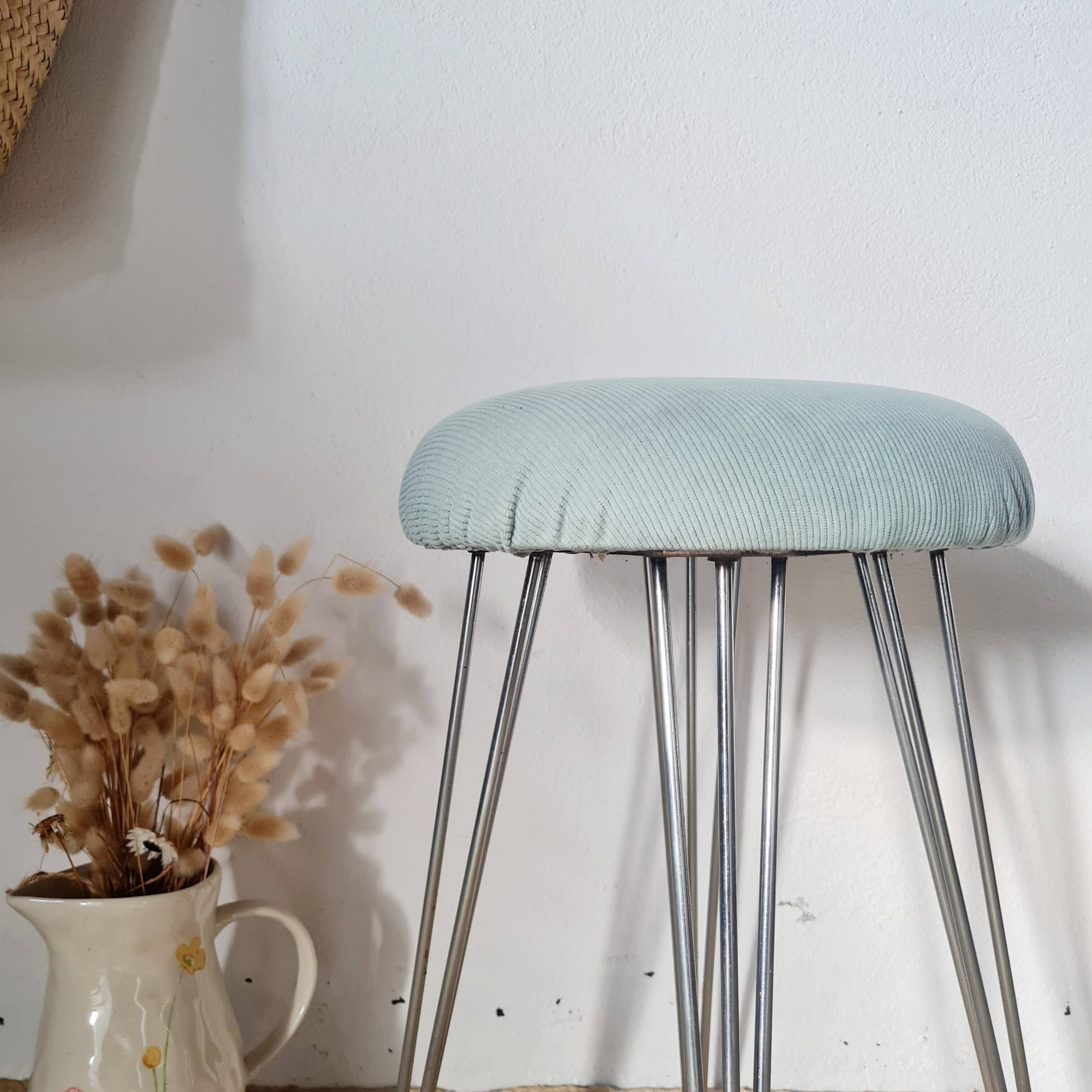 Vintage 1950s stool, metal tapered legs and velvet.