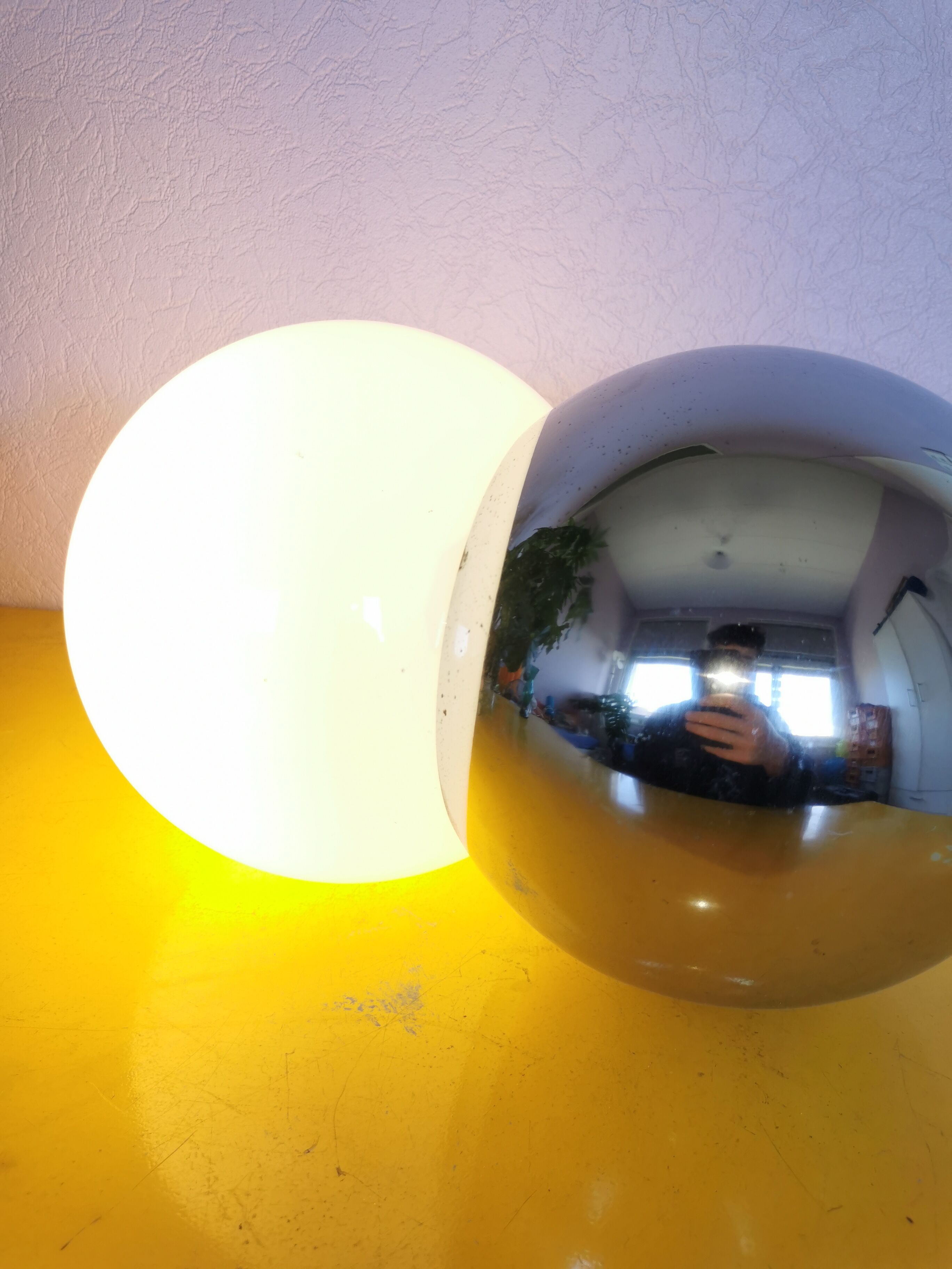 Lamp molecule, two balls, globe in opaline and stainless steel, 1970