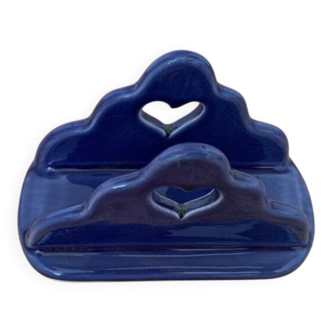 Hand-painted blue ceramic towel holder, vintage Hungarian pattern.