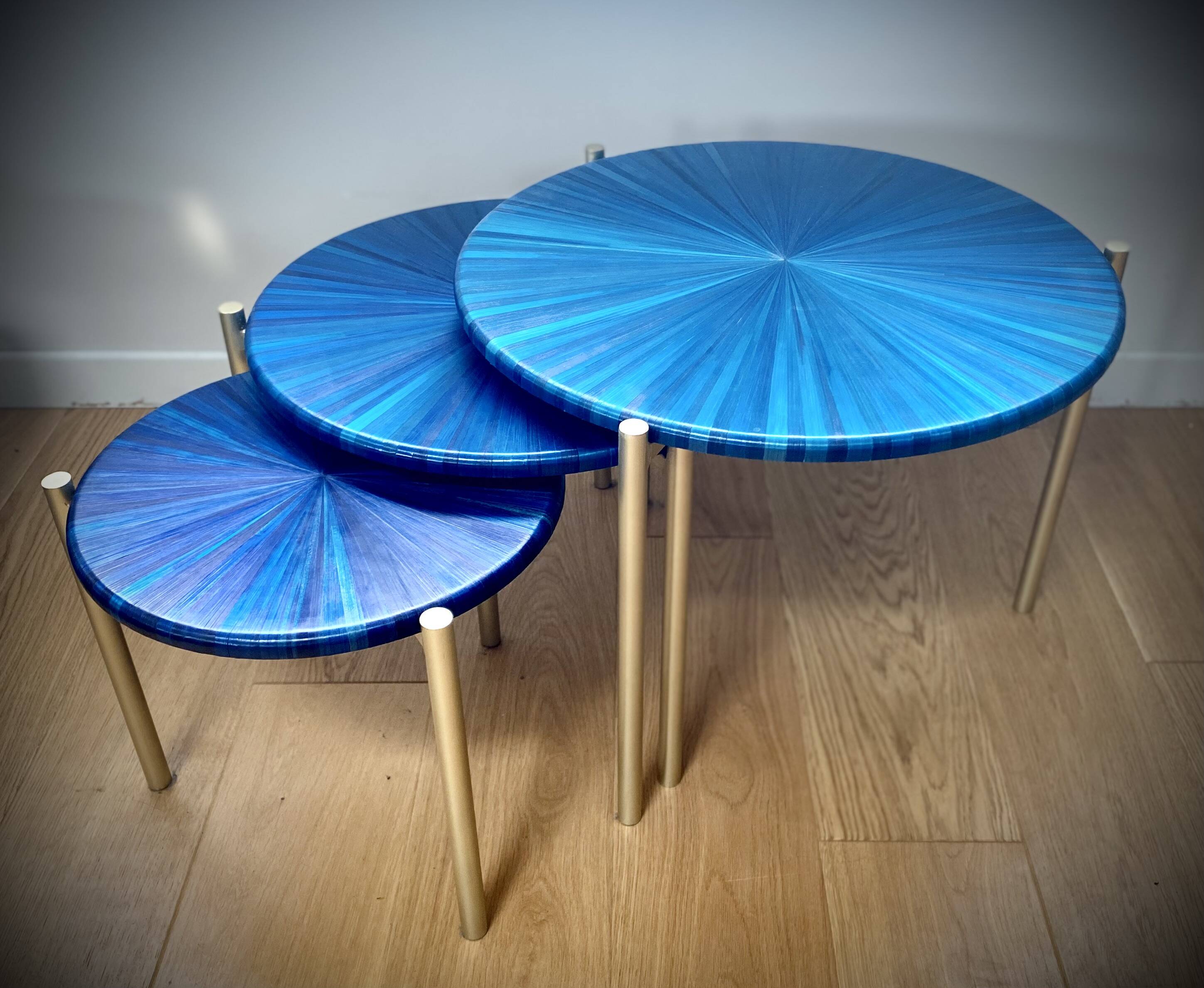 Straw marquetry nesting tables