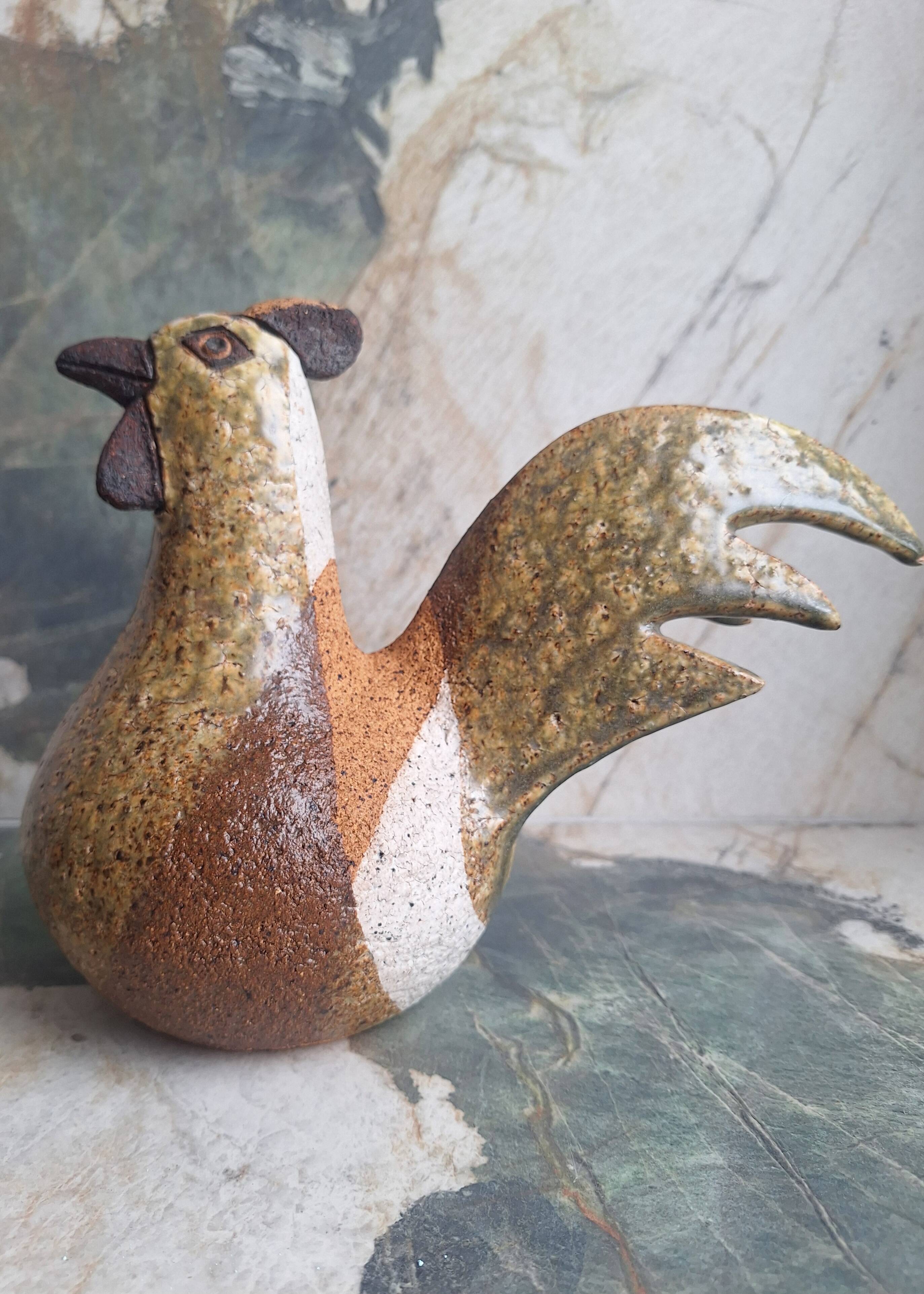 Paire de sculptures vintage coq et poule en grès, décoration artisanal