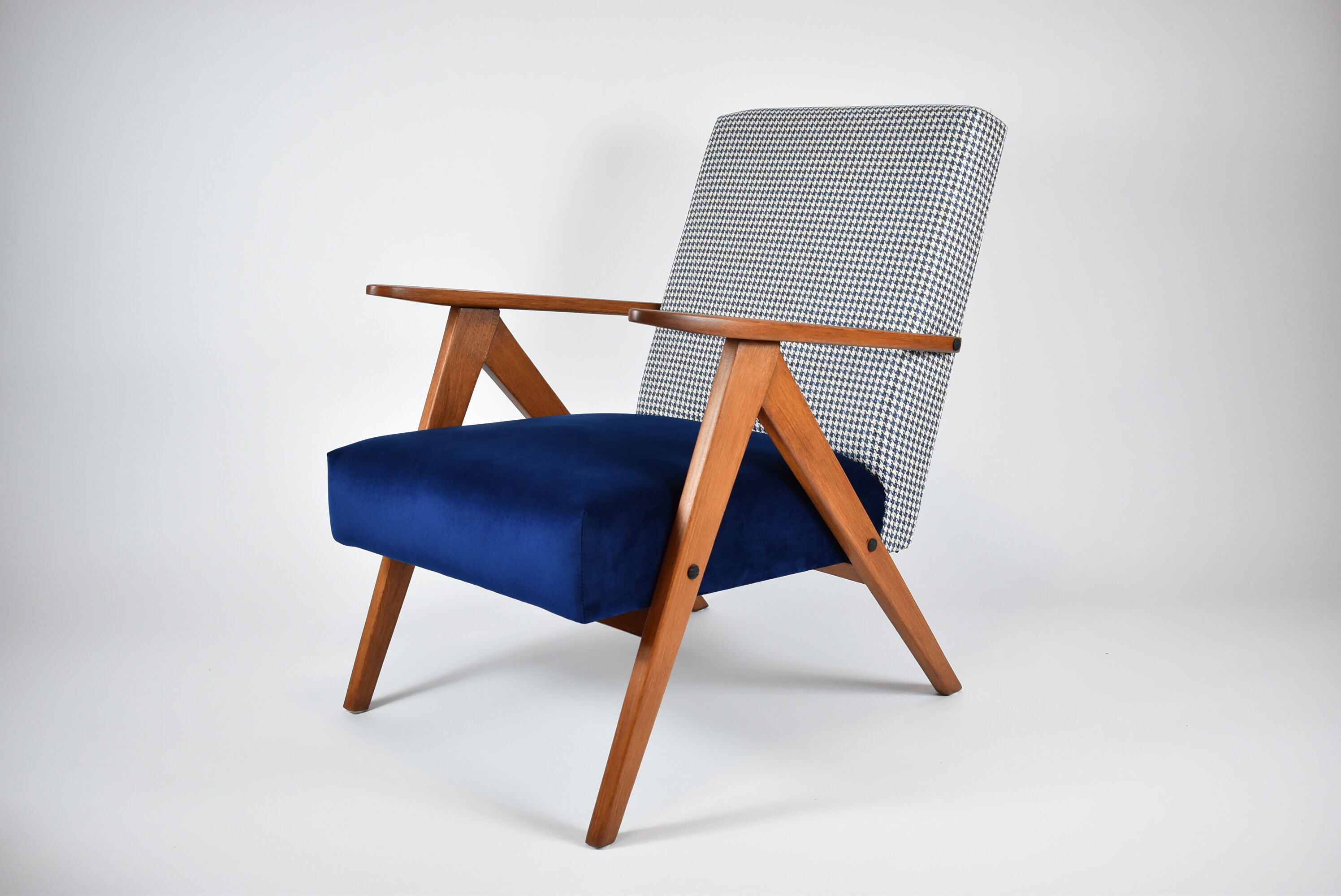 Original restored armchair Compas, 1960s, blue velvet, pied de poule