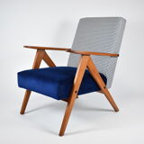 Fauteuil original restauré compas années 1960 velours bleu, pied de poule