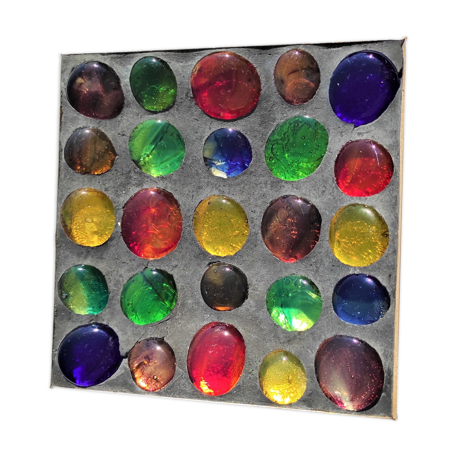 ashtray with glass pellets of various colors square shape around 1960 / 1970
