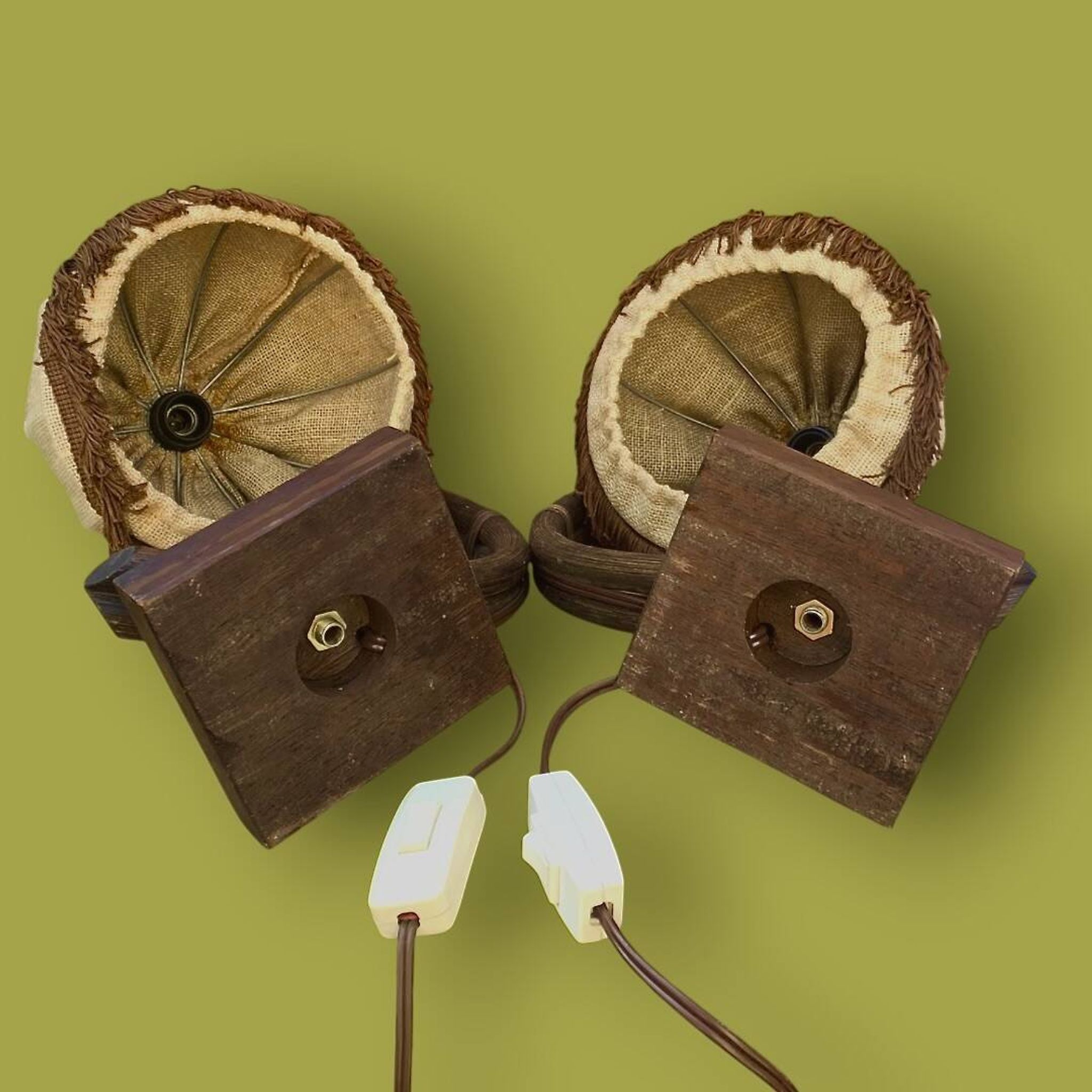 Pair of bamboo and jute bedside lamps, 1970s