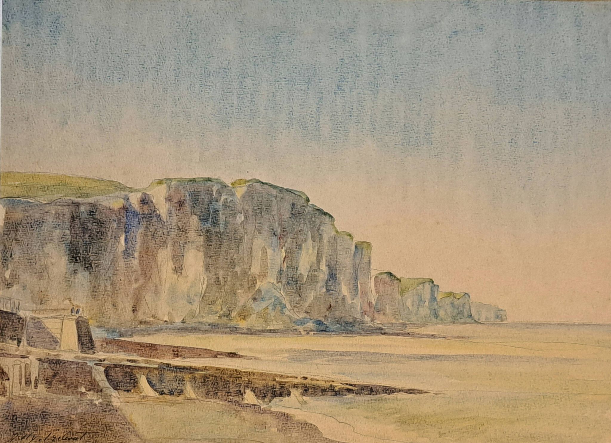 Impressionist painting, watercolour signed Henri TRIBOUT, Norman seascape, 20th century.