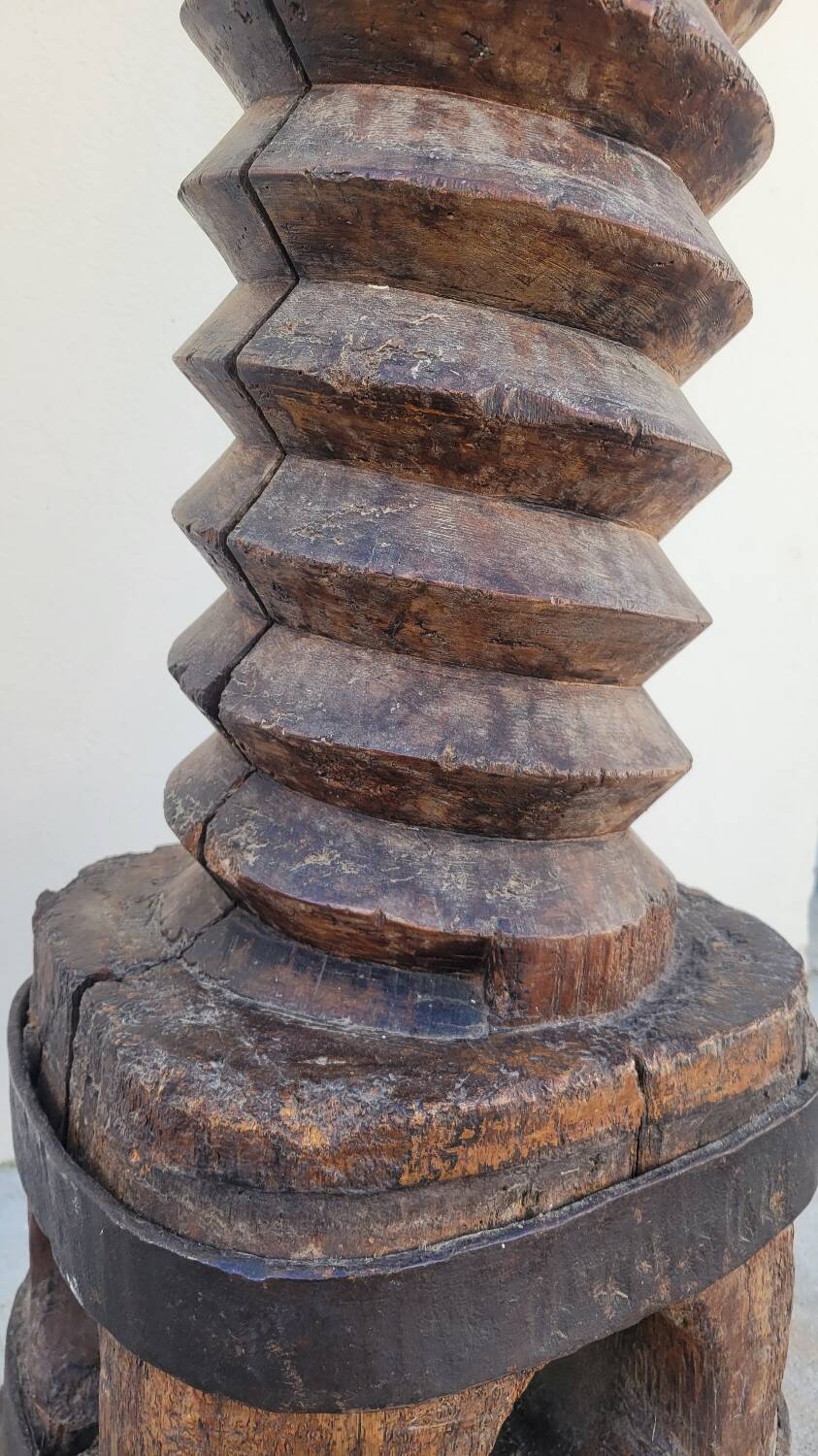 Old wooden press screw column 19th rustic folk art in oak